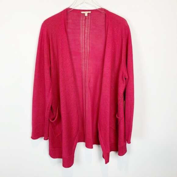 Eileen Fisher 100% Linen Knit Cardigan L Hot Pink Open Weave Lightweight Spring - Picture 1 of 6